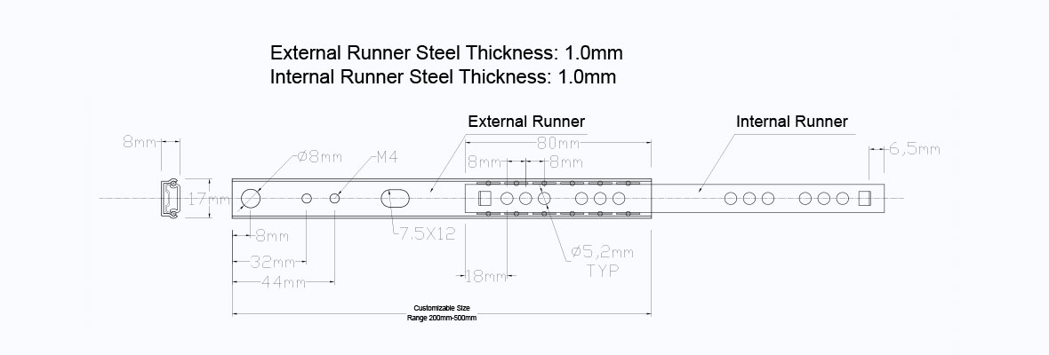 WLT 17007 2 Sections drawer slides Partial Extension